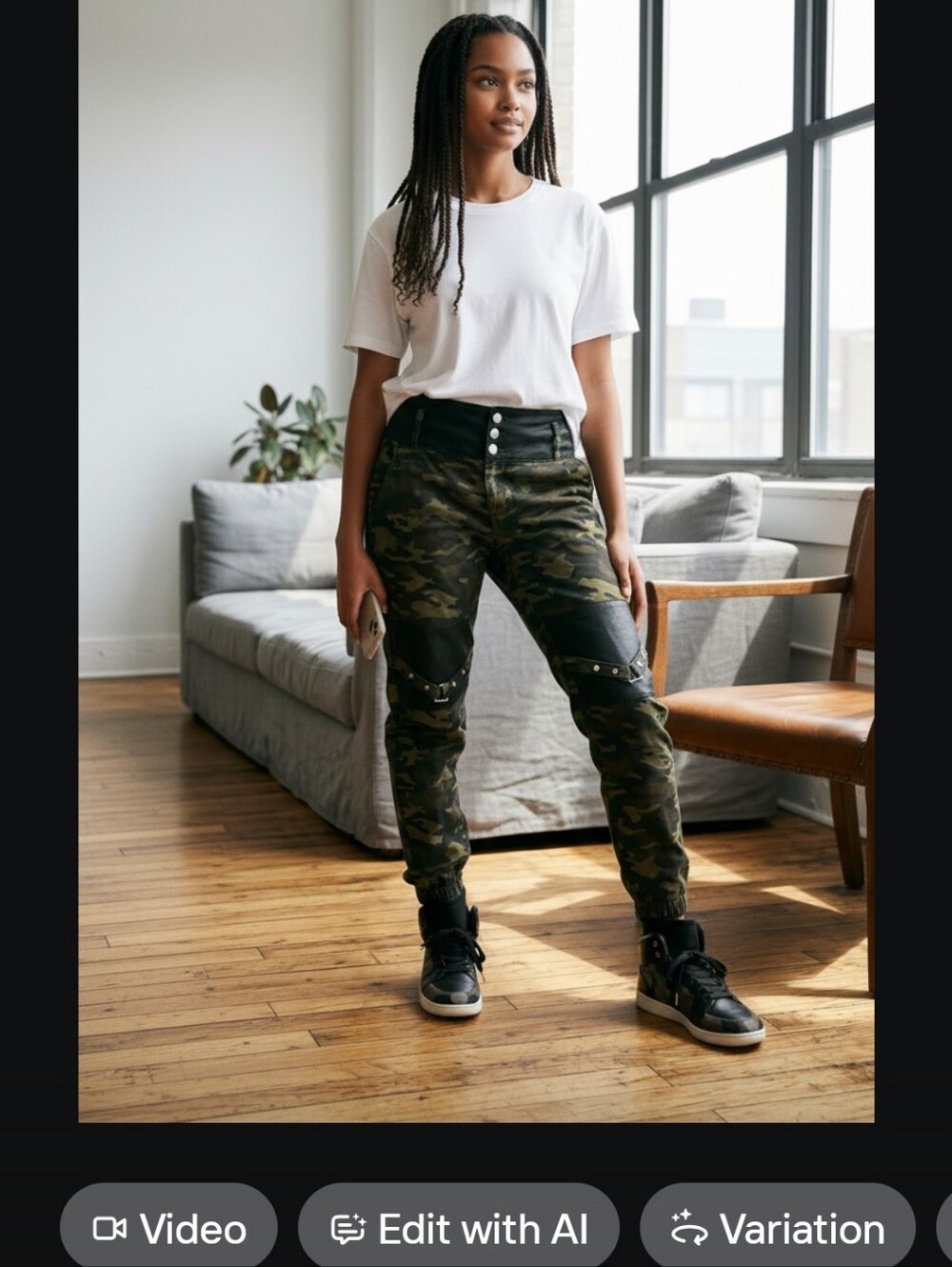11A SHEIN Olive Green & Black Camo Pants with Buckle Details